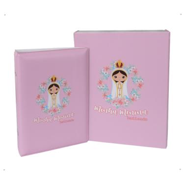 Imagem de Estojo Imantado com Álbum para 100 Fotos 15x21 - BATIZADO ROSA Bebê Menina Batismo Anjinho Santinha