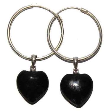 Imagem de Brinco Argola Coração Pedra Quartzo Preto Natural Prata 925