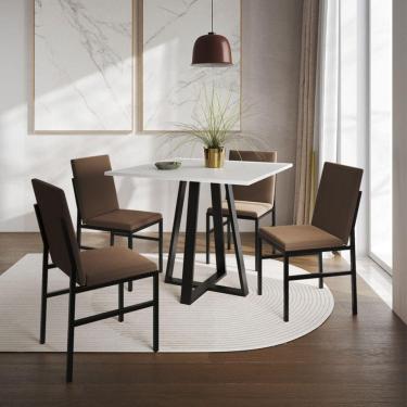 Imagem de Conjunto de Jantar Mesa Mônaco 90cm Tampo Branco com 4 Cadeiras Estofadas Marrom