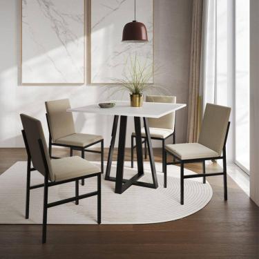 Imagem de Conjunto de Jantar Mesa Mônaco 90cm Tampo Branco com 4 Cadeiras Estofadas Bege