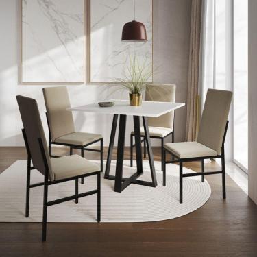 Imagem de Conjunto de Jantar Mesa Mônaco Premium 90cm Branca com 4 Cadeiras Estofadas Bege  