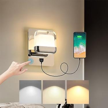 Imagem de Aplique LED com controle de toque, candeeiro de cabeceira moderno, candeeiro de parede interior regulável, candeeiro de parede com porta de carregamento USB, candeeiro de leitura de quarto p