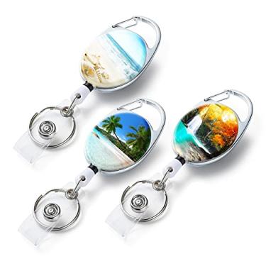 Imagem de Pacote com 3 bobinas retráteis, suportes de crachá retráteis com padrão de impressão colorida dupla face, com chaveiro retrátil, clipe de crachá e chaveiro, corda retrátil de nylon durável