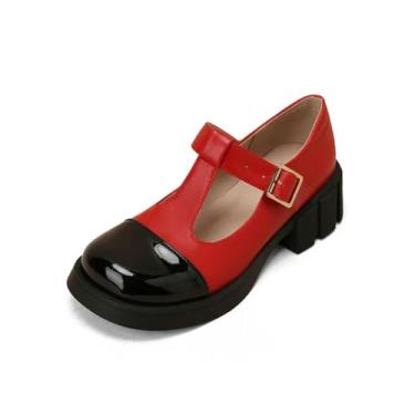 Imagem de ZIRIA Sapatos de couro patchwork Sweet Mary Janes com tira em T sapatos góticos sapatos femininos preto vermelho, Vermelho, 11