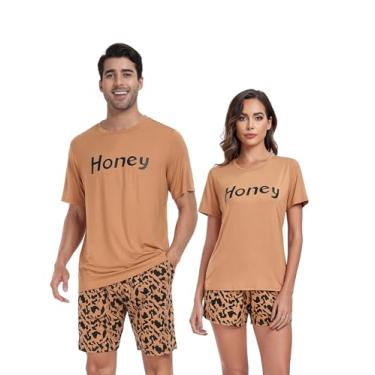 Imagem de EISHOPEER Conjunto de pijama combinando com estampa fofa e shorts, 2 peças, Café e leopardo - masculino, M