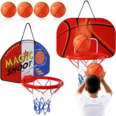 Imagem de 2 peças de mini cesta de basquete com 4 ganchos de basquete combinando, 4 ganchos pegajosos, 1 bomba, cesta de basquete interna, sem perfuração, descomprimir, gadget de jogo para crianças, adultos, quarto, banheiro, escritório