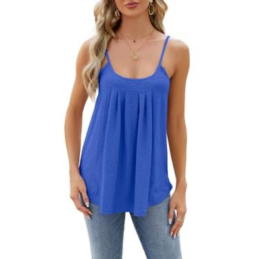 Imagem de LYKSAW Camisetas femininas sexy com gola redonda, alças ajustáveis, plissadas, estilo túnica casual e solta, Azul, P