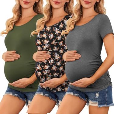 Imagem de Ekouaer Camisetas femininas para gestantes 3 pacotes lateral franzida camiseta túnica blusa casual mamãe roupas P-GGG, 3 peças - Floral preto + verde militar + cinza escuro, GG