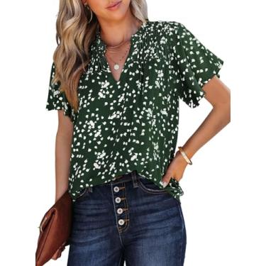 Imagem de SHEWIN Blusas femininas casuais de chiffon, manga curta, gola V, estampa floral, blusas boêmias, Verde, GG