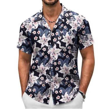 Imagem de COOFANDY Camisas masculinas casuais de botão manga curta verão praia camisas modernas texturizadas com bolso, Floral-azul marinho, XXG