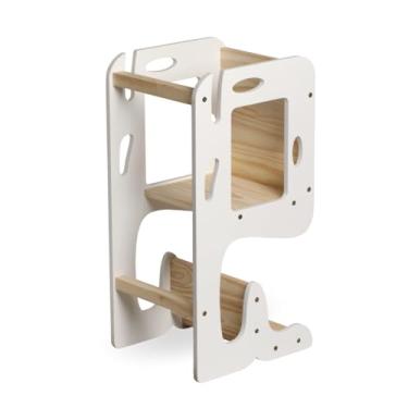 Imagem de Torre de Aprendizagem Montessori Madeira Mesa Baleia Segura 2em1 Branco Pinus e MDF Laqueado