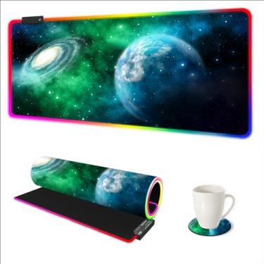 Imagem de ARTSO Mouse pad grande RGB para jogos, tapete de mouse grande de LED com 14 modos de luz, tapete de teclado de computador macio estendido base de borracha antiderrapante, planeta verde nebulosa