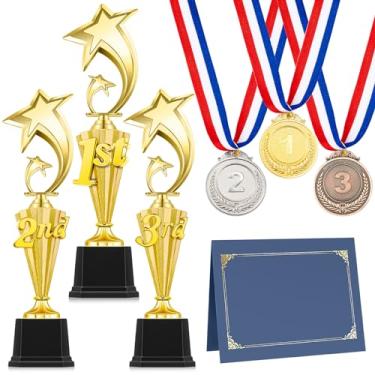 Imagem de Motionchic Conjunto de 12 peças de prêmio de troféu inclui 1º 2º 3º lugar troféu 3 medalhas de prêmio em ouro prata bronze fita de prêmio 3 titulares de certificados com 3 páginas para crianças
