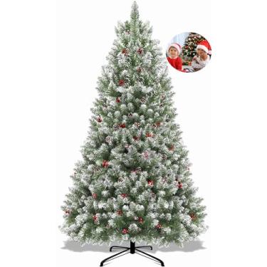 Imagem de Árvore de Natal, Arvore de Natal 1,80m 850 Galhos, Árvore de Natal com Base de Metal, Arvore de Natal, Verde, Cerejas E Neve, com Pinhas