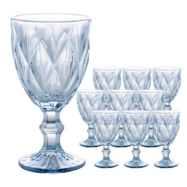 Imagem de Jogo 10 Taças de Vidro Diamond Diamante Azul Metálico para Água 325ml 