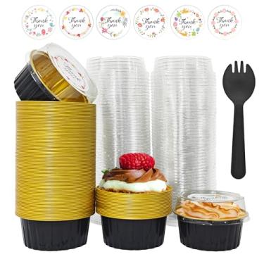 Imagem de 100 peças de mini formas de bolo com tampas e 100 peças de colheres, copos de alumínio para assar, copos descartáveis de 142 g, ramequins de folha para festa, aniversário, casamento, dia dos namorados