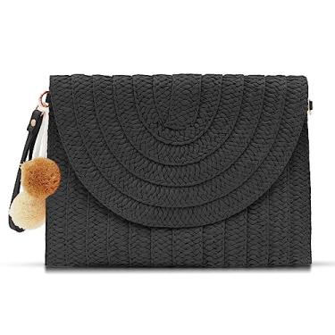 Imagem de QTKJ Bolsas transversais para mulheres, bolsas clutch de palha, pacote envelope de tecido boêmio feito à mão, Preto
