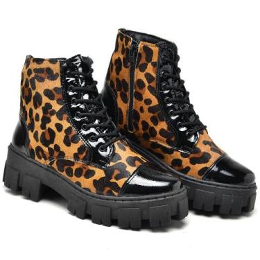 Imagem de Bota Coturno Feminino Couro Animal Print Versátil - Q&A, Marrom, 36