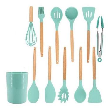 Imagem de Kit 12 Utensílios De Cozinha Colheres Espatula Silicone - oem, Preto