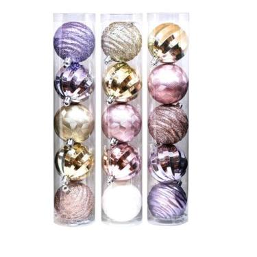 Imagem de Kit 15 Bolas Mistas Premium Decoradas Natal Rosê Gold, Dourado e Lilás