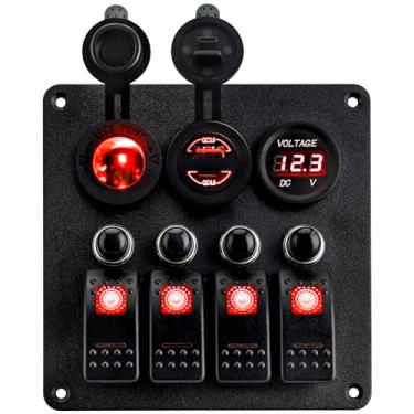 Imagem de Young Marine Interruptor basculante de barco marítimo à prova d'água painel de alumínio 4 grupos com soquete USB QC 3.0 e tipo C QC 4.0 + medidor de voltagem luz LED azul para carro, trailer,