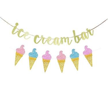 Imagem de KUNGOON Placa de bandeira dourada com glitter em barra de sorvete, decorações de chá de bebê com tema de sorvete, para chá de panela, casamento, festa de aniversário, faixa de estamparia de fotos.