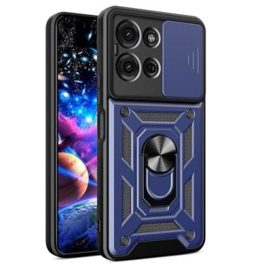 Imagem de Ysnzaq Capa protetora para Motorola Moto G75, capa de proteção à prova de choque de nível militar com suporte e capa de lente de câmera deslizante para Motorola Moto G75 SJ azul-marinho