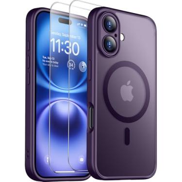 Imagem de SPIDERCASE Capa magnética para iPhone 16 Plus, com 2 peças [protetor de tela de vidro temperado] Capa protetora fina à prova de choque translúcida fosca traseira para iPhone 16 Plus de 6,7 polegadas