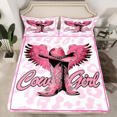 Imagem de Jogo de lençol rústico com pele de vaca rosa e chapéu de cowboy ocidental, ultramacio, para decoração de quarto Queen (sem lençol de cima)