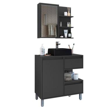 Imagem de Gabinete 80 cm Espelheira e Cuba Preta CJ2001 Grafite FAEM