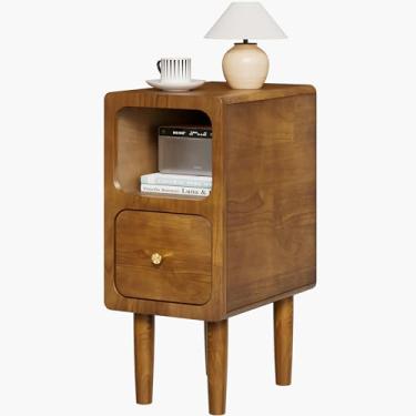 Imagem de Mesa de cabeceira estreita, mesa de cabeceira de madeira maciça com gavetas, mesa de cabeceira moderna de nogueira de meados do século, pequena mesa ao lado com prateleira de armazenamento aberta para