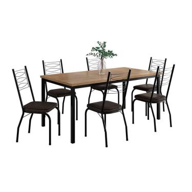 Imagem de Conjunto de Mesa Retangular com Tampo de MDP Amadeirado e 6 Cadeiras Adriana Revestimento Sintético Cacau e Preto