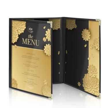 Imagem de Flexzion Suporte de menu 21,6 cm x 28 cm - Capas de menu de costura tripla com PVC transparente, encadernação preta e cantos dourados, 3 páginas com 6 visualizações Livro de menu para restaurante,