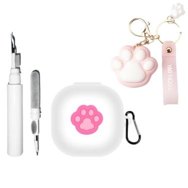 Imagem de [4 em 1] Capa de silicone SKPY compatível com SHOKZ OpenFit 2 com pingente e chaveiro, capa protetora à prova de choque de pata de gato com desenho fofo para homens e mulheres