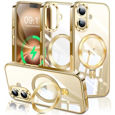 Imagem de ESTPEAK Capa de Titânio Dourado CD Mag-Stand para iPhone 16 com Anel Magnético Invisível, [Apto para MagSafe] [Nunca Amarela] Capa de Telemóvel Transparente para iPhone 16 6,1 Polegadas Masculino