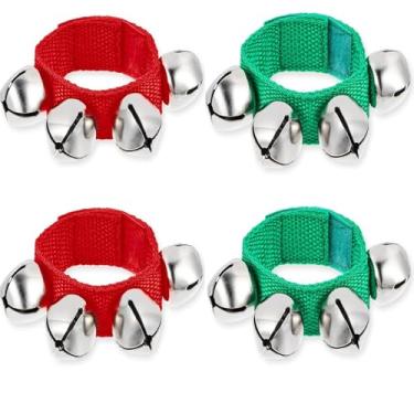 Imagem de 4 peças de sinos de pulso, instrumentos de percussão, jingle bells Natal ritmo musical agitação de pulso percussão orquestra chocalhos, para decorações de festa (verde + vermelho)
