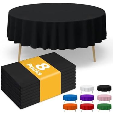 Imagem de Niuara Toalha de mesa redonda de plástico preto, pacote com 8, toalha de mesa de 213 cm para decorações de formatura turma de 2025, toalha de mesa para uso descartável, capa de mesa para festas de fim