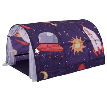 Imagem de Yaoliucp Tenda de cama para crianças 130 x 100 x 80 cm acima túnel espaço galáxia céu estrelado túnel portátil infantil tenda interior com cortina de rede e bolsa de transporte tenda de cama para