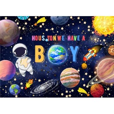 Imagem de DePhoto Fundo de aniversário espacial de 1,8 x 1,5 m, espaço, galáxia, planetas, astronauta, chá de bebê, para fotografia Houston We Have a Boy Party Bolo, decoração de mesa, banner