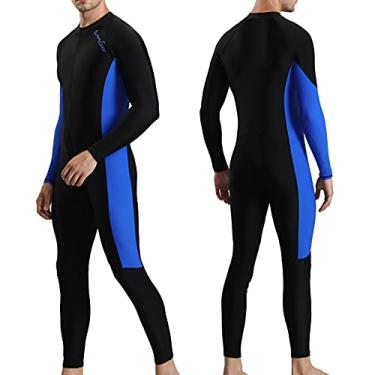 Imagem de OMGear Fatos de mergulho finos para homens, roupa de banho completa, elastano, segunda pele, manga comprida, proteção UV para natação, caiaque, surf, snorkeling, bodyboard (azul, P)