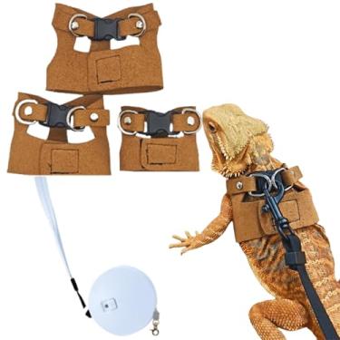 Imagem de Pacote com 3 arnês e coleira de dragão barbudo – Peitoral de lagarto de couro macio ajustável, acessórios para caminhada para réptil e rato esquilo (marrom, com guia atualizada)