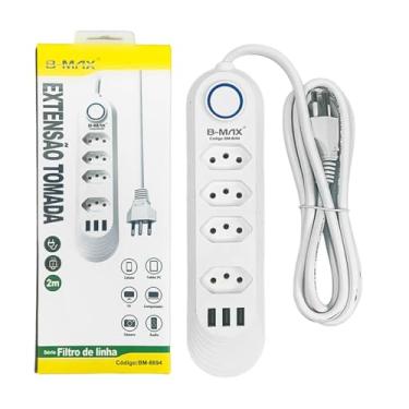 Imagem de Extensão de Tomadas Bivolt com 4 Tomadas e 3 USB Filtro de Linha Compacto Cabo de 2 Metros Botão Power Geral Proteção Contra Picos de Energia, Ideal para Casa e Escritório JHJ
