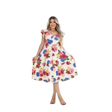 Imagem de Vestido Feminino Midi Decote V Ajuste Na Cintura Saia Godê Malha Visco