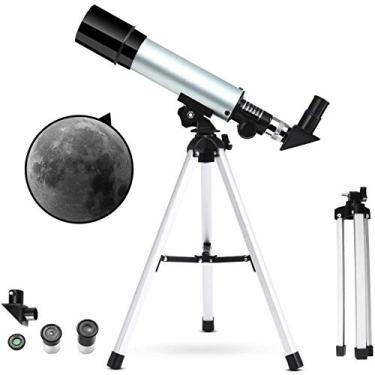 Imagem de CUTPOIY Telescópio astronômico infantil, telescópios refratores óticos de tubo de 360 x 50 mm para crianças, iniciantes, ao ar livre, monocular, mira + tripé de alumínio + filtro de lua