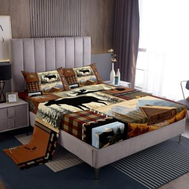 Imagem de jejeloiu Jogo de lençol infantil com urso de caça, veado, animais selvagens, cabana rústica, urso, casa de fazenda ocidental, 4 peças, 1 lençol com elástico + 2 fronhas + 1 lençol de cima