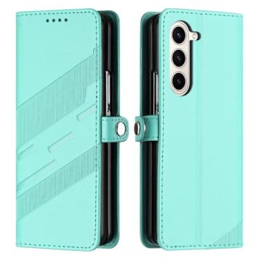 Imagem de HAO RIYLN Capa flip para Samsung Galaxy Z Fold6, capa de telefone com fecho magnético com compartimentos para cartões, capa de couro à prova de choque, verde, Z FOLD6