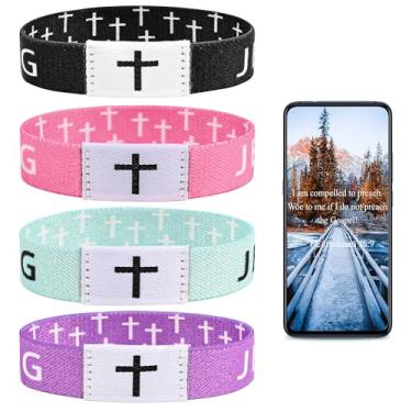 Imagem de Pmormyy Pulseira de 4 peças, versículo bíblico diário Jesus é rei, pulseira usável de Jesus Cristão para mulheres e homens, Fibra de poliéster, Sem Pedra Preciosa