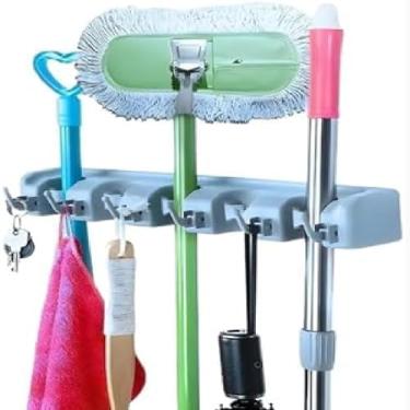 Imagem de Suporte Multiuso para Organizar Rodo e Vassoura com 6 Ganchos - Ideal para Armazenamento Prático, Espaço Compacto e Organização da Casa (Azul)