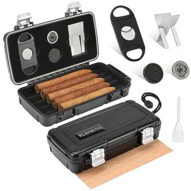 Imagem de Reise-Zigarren-Humidor-Box mit Zigarrenzubehör, Zigarren-Hygrometer & spanische Zeder & Luftbefeuchter & Zigarrenschneider & Zigarrenständer Separater Zubehör-Stauraum für 4–5 Zigarren Das beste