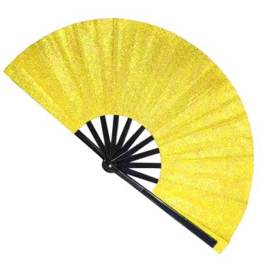 Imagem de JXXHXJG Grande ventilador dobrável de glíter, botas no chão, ventiladores de mão brilhantes para dança em linha, ventilador portátil com uma bolsa de pelúcia para roupas rave, acessórios, festival